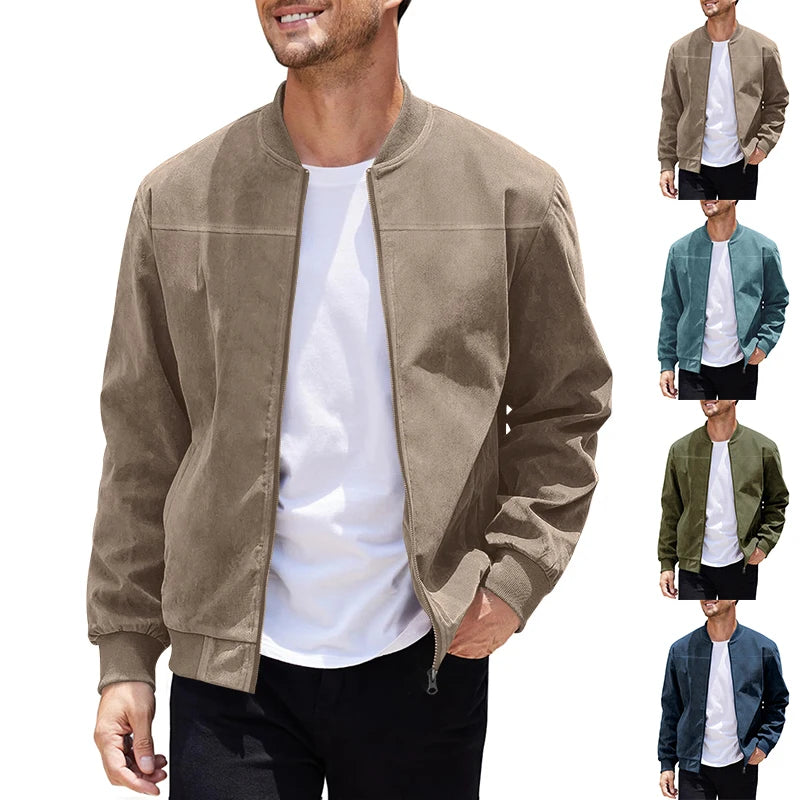 2024 New Suede Men's Jackets For Spring And Fall Vintage Style Solid Color Zipper Windproof Motorcycle And Bomber Jackets